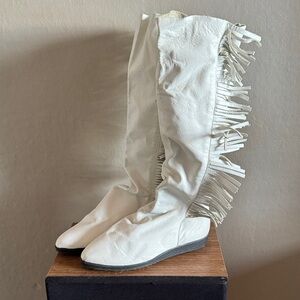 White Leather Fringe Long Western Boots